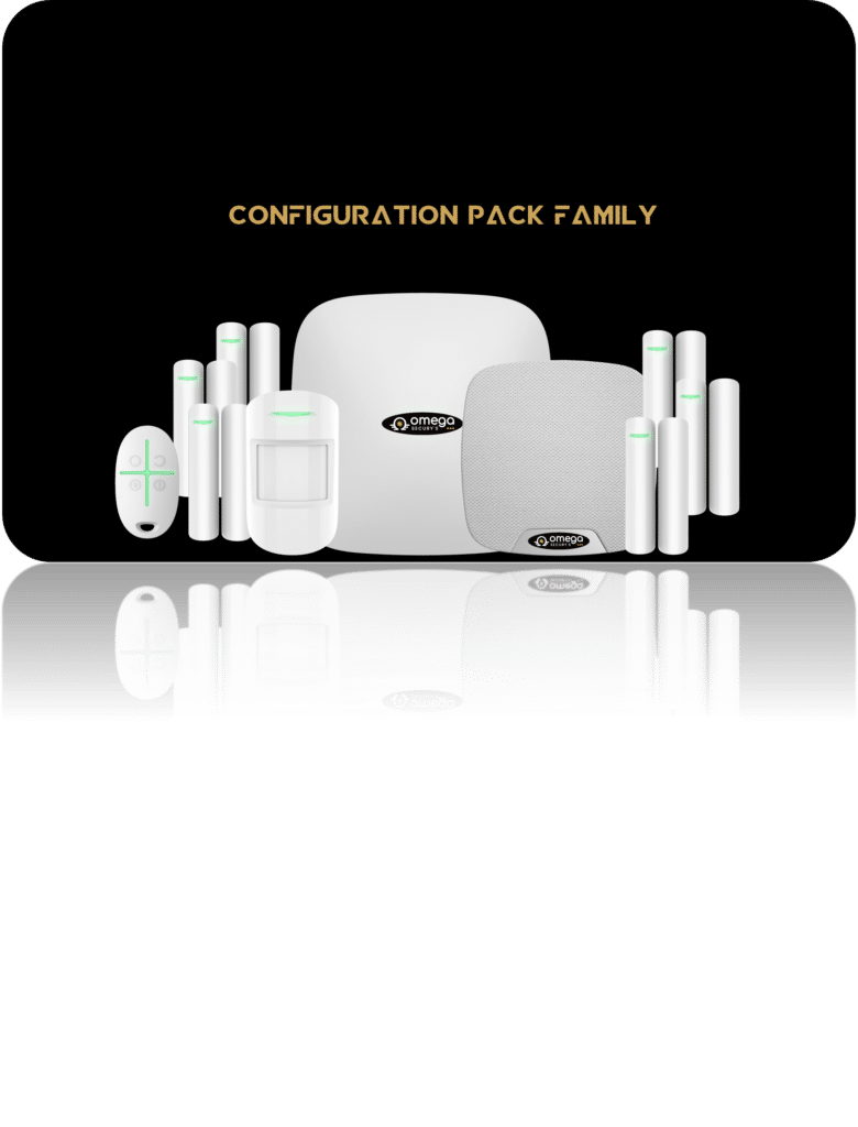 Kit Omega Secury's Configuration Pack Family avec centrale, détecteurs de mouvement et télécommande sur fond noir.